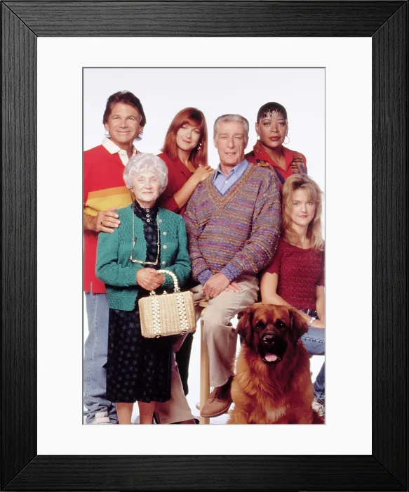 Framed Print : EMPTY NEST, David Leisure, Estelle Getty, Dinah Manoff, Richard Mulligan, Marsha Warfield, Park Overall & Bear The Dog, Sept, 1993