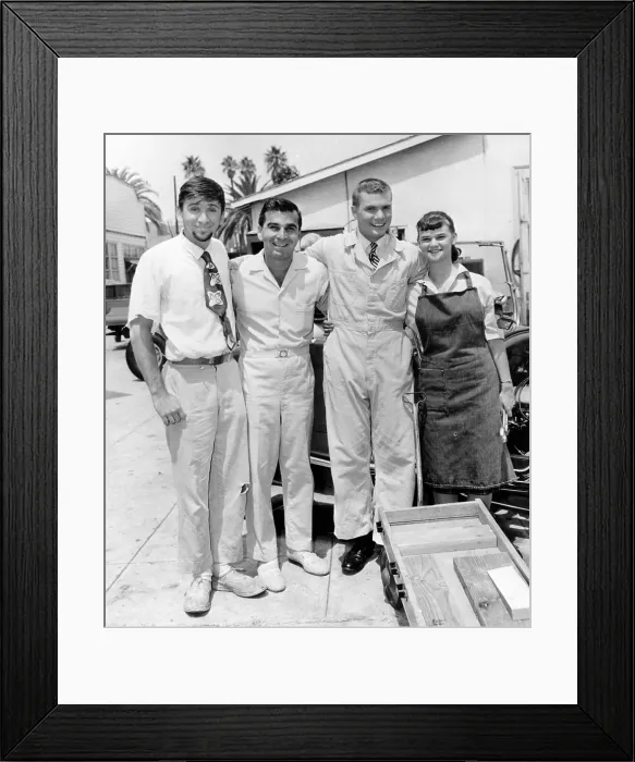 Framed Print : THE MANY LOVES OF DOBIE GILLIS, (aka DOBIE GILLIS), from left: Bob Denver, Max Shulman, author / creator, Dwayne Hickman, Sheila James Kuehl, 1959-63
