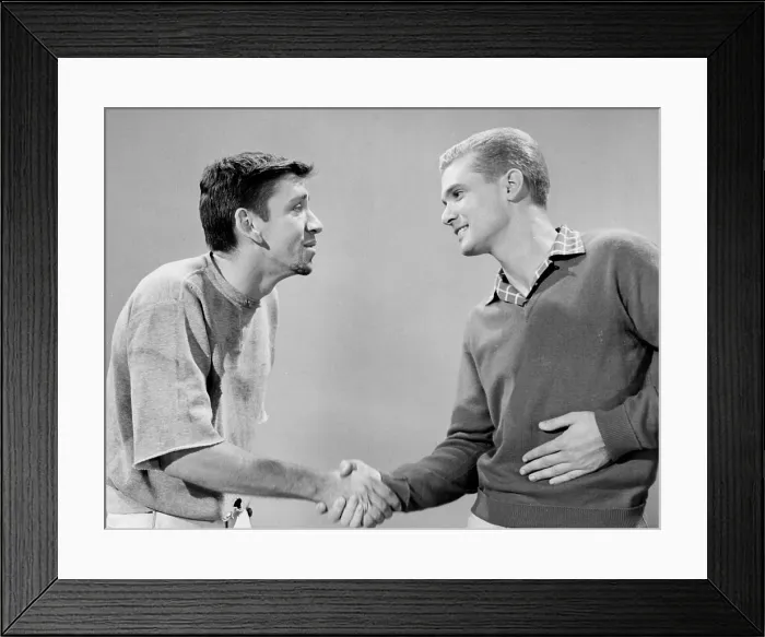 Framed Print : THE MANY LOVES OF DOBIE GILLIS, (aka DOBIE GILLIS), Bob Denver, shakes hands with, Dwayne Hickman, 1959-63
