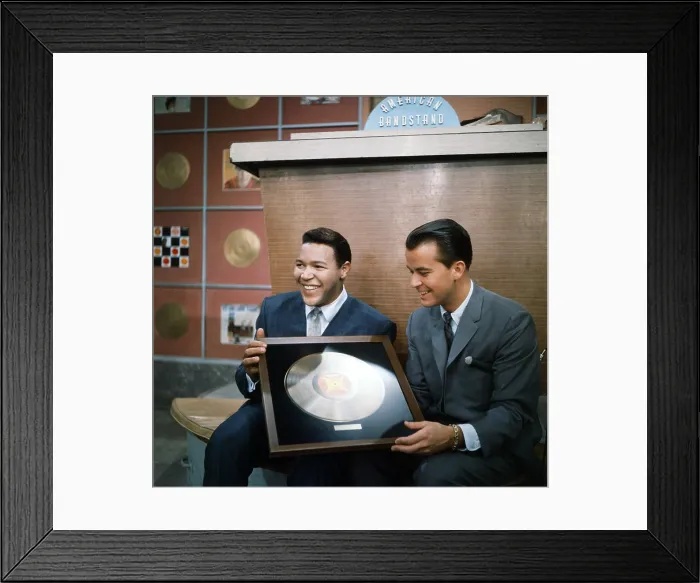 Framed Print : AMERICAN BANDSTAND, from left: Chubby Checker, Dick Clark, with a gold record, 1960s, 1952-89