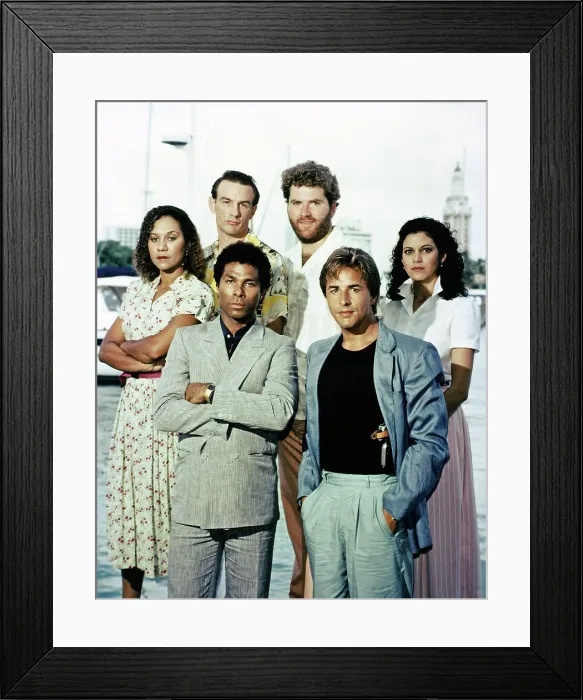 Framed Print : MIAMI VICE, (front, from left): Philip Michael Thomas, Don Johnson, (back): Olivia Brown, John Diehl, Michael Talbott, Saundra Santiago, 1984-1989