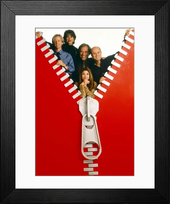 Framed Print : JUST SHOOT ME, from left: David Spade, Wendie Malick, George Segal, Laura San Giacomo (bottom), Enrico Colantoni, 1997-2003