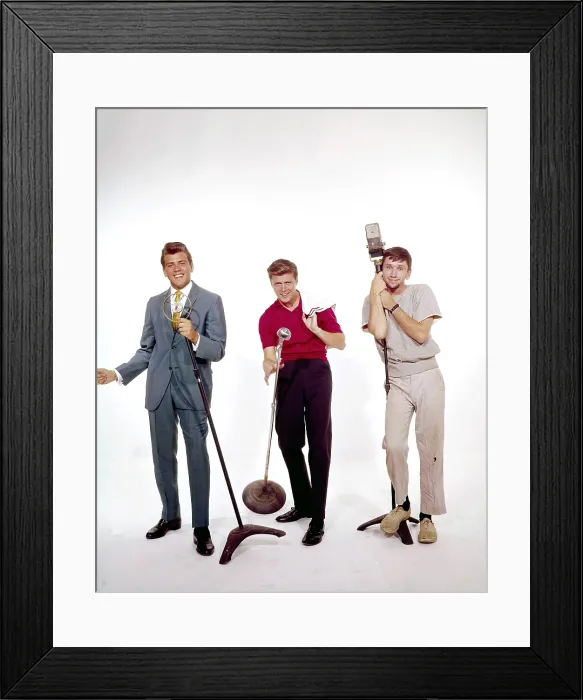 Framed Print : COKE TIME, from left: Fabian (aka Fabian Forte), Edd Kookie Byrnes, and Bob Denver, promoting COKE TIME. All except Fabian appeared on the show, which aired June 27, 1960