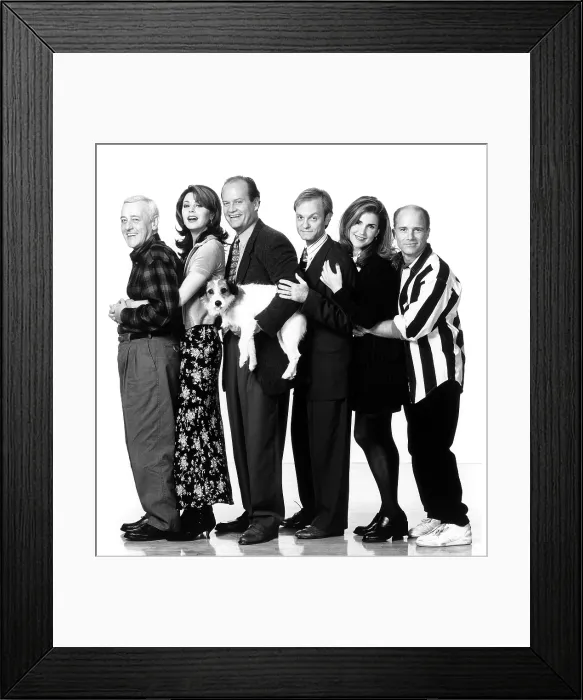 Framed Print : FRASIER, from left: John Mahoney, Jane Leeves, Kelsey Grammer, Moose (as Eddie), David Hyde Pierce, Peri Gilpin, Dan Butler, (1995), 1993-2004 Framed Print : FRASIER, from left: John Mahoney, Jane Leeves, Kelsey Grammer, Moose (as Eddie), David Hyde Pierce, Peri Gilpin, Dan Butler, (1995), 1993-2004