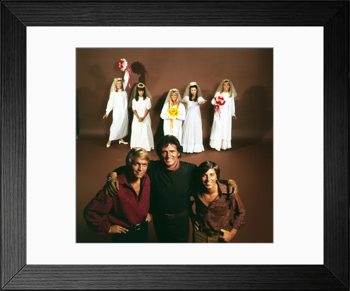 Framed Print : HERE COME THE BRIDES, front, from left: David Soul, Robert Brown, Bobby Sherman, 1968, 1968-1970