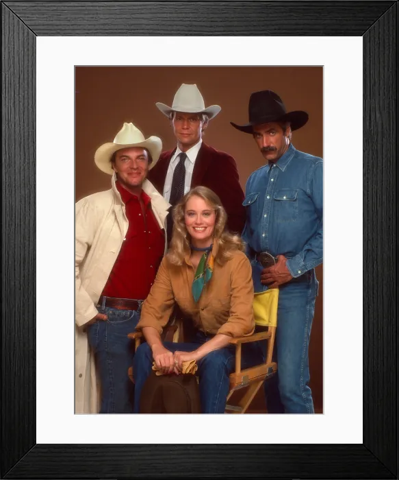 Framed Print : THE YELLOW ROSE, clockwise from bottom center: Cybill Shepherd, Edward Albert, David Soul, Sam Elliott, 1983-84 Framed Print : THE YELLOW ROSE, clockwise from bottom center: Cybill Shepherd, Edward Albert, David Soul, Sam Elliott, 1983-84