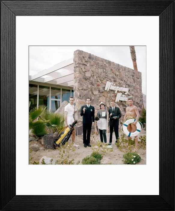 Framed Print : TV stars and owners of the Whispering Waters motor hotel in Palm Springs, California, from left: Dennis Weaver of GUNSMOKE, Hugh O'Brian of WYATT EARP Framed Print : TV stars and owners of the Whispering Waters motor hotel in Palm Springs, California, from left: Dennis Weaver of GUNSMOKE, Hugh O'Brian of WYATT EARP