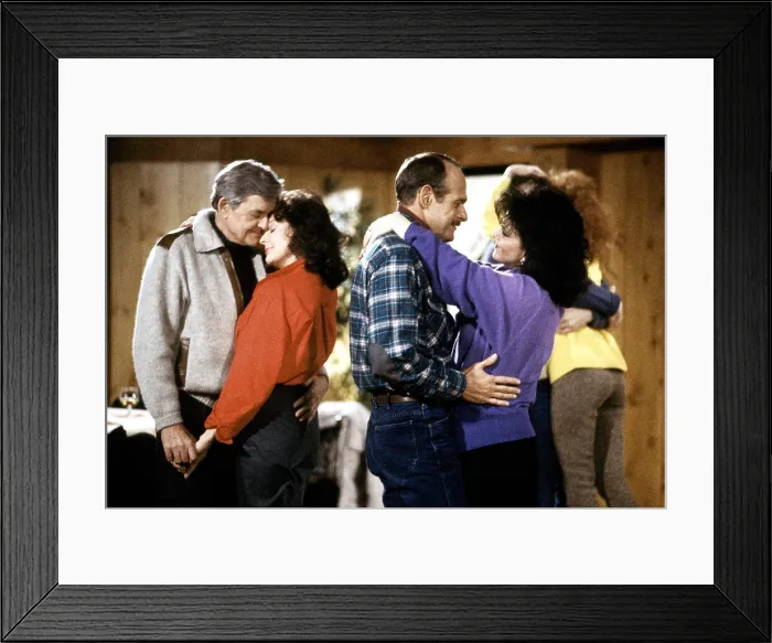 Framed Print : DESIGNING WOMEN, from left, Hal Holbrook, Dixie Carter, Gerald McRaney, Delta Burke, Reservations for Eight, aired March 28, 1988