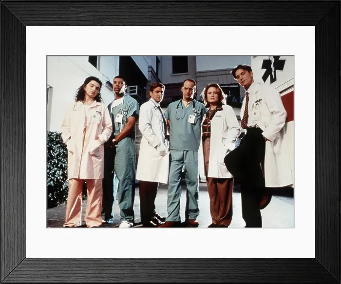 Framed Print : ER, (aka E.R.), from left, Julianna Margulies, Eriq La Salle, George Clooney, Anthony Edwards, Sherry Stringfield, Noah Wylie, 1994-2009 (1997 photo)