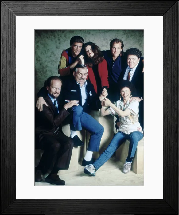Framed Print : CHEERS, clockwise from top left, Ted Danson, Kirstie Alley, Woody Harrelson, George Wendt, Rhea Perlman, John Ratzenberger, Kelsey Grammer, 1982-93 (1993 photo)