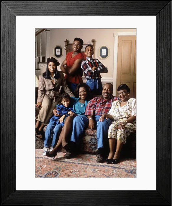 Framed Print : FAMILTY MATTERS, standing from left: Kellie Shanygne Williams, Darius McCrary, Jaleel White; seated from left: Bryton McClure, Jo Marie Payton Noble, Reginald VelJohnson Framed Print : FAMILTY MATTERS, standing from left: Kellie Shanygne Williams, Darius McCrary, Jaleel White; seated from left: Bryton McClure, Jo Marie Payton Noble, Reginald VelJohnson