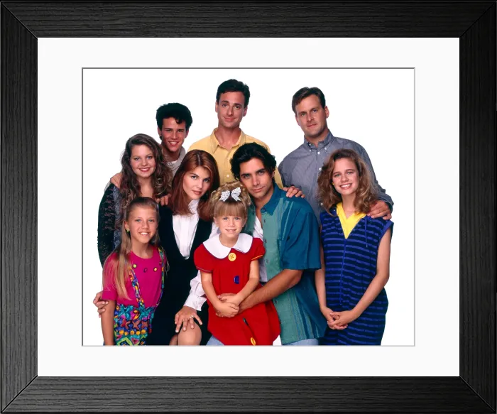 Framed Print : FULL HOUSE, clockwise from lower left: Jodie Sweetin, Candace Cameron Bure, Scott Weinger, Bob Saget, Dave Coulier, Andrea Barber, John Stamos, Mary-Kate / Ashley Olsen