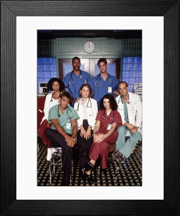 Framed Print : ER, (aka E.R.), from left, Gloria Reuben, George Clooney, Eriq La Salle, Sherry Stringfield, Noah Wylie, Julianna Margulies, Anthony Edwards, 1994-2009 (ca. 1997 photo)