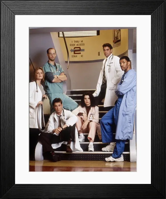 Framed Print : ER, (aka E.R.), from left, Sherry Stringfield, Anthony Edwards, Noah Wylie, Julianna Margulies, George Clooney, Eriq La Salle, 1994-2009 (ca. 1997 photo) Framed Print : ER, (aka E.R.), from left, Sherry Stringfield, Anthony Edwards, Noah Wylie, Julianna Margulies, George Clooney, Eriq La Salle, 1994-2009 (ca. 1997 photo)