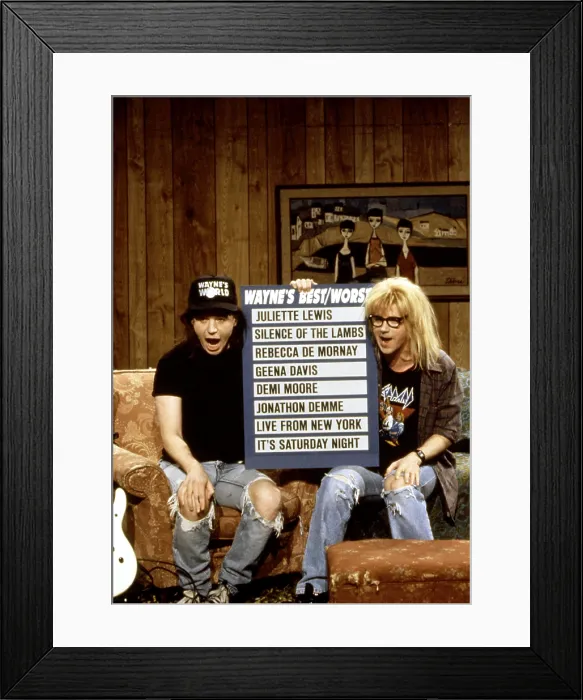 Framed Print : SATURDAY NIGHT LIVE, Mike Myers, Dana Carvey, Live From New York Opening / Wayne's World, (circa early 1990s), 1975