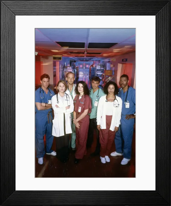 Framed Print : ER, (aka E.R.), from left, Noah Wylie, Sherry Stringfield, Anthony Edwards, Julianna Margulies, George Clooney, Gloria Reuben, Eriq La Salle, 1994-2009 (ca. 1997 photo) Framed Print : ER, (aka E.R.), from left, Noah Wylie, Sherry Stringfield, Anthony Edwards, Julianna Margulies, George Clooney, Gloria Reuben, Eriq La Salle, 1994-2009 (ca. 1997 photo)