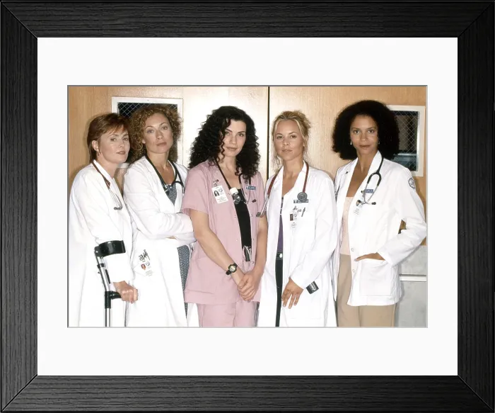 Framed Print : ER, (aka E.R.), from left, Laura Innes, Alex Kingston, Julianna Margulies, Maria Bello, Gloria Reuben, 1994-2009 (ca. mid-1990s photo)