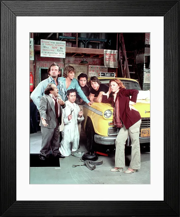Framed Print : TAXI, (Back Row L-R), Christopher Lloyd, Jeff Conaway, Judd Hirsch, Tony Danza, (Front Row L-R), Danny DeVito, Andy Kaufman, Marilu Henner, (Season 2, 1979-1980)