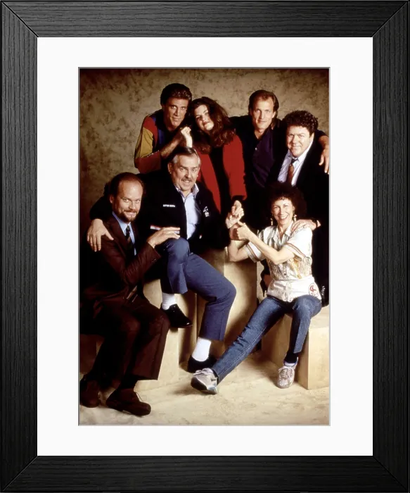 Framed Print : CHEERS, clockwise from top left, Ted Danson, Kirstie Alley, Woody Harrelson, George Wendt, Rhea Perlman, John Ratzenberger, Kelsey Grammer, 1982-93 (1993 photo) Framed Print : CHEERS, clockwise from top left, Ted Danson, Kirstie Alley, Woody Harrelson, George Wendt, Rhea Perlman, John Ratzenberger, Kelsey Grammer, 1982-93 (1993 photo)