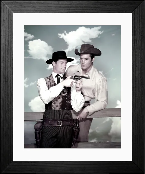 Framed Print : From left, TV western stars Hugh O'Brian (THE LIFE AND LEGEND OF WYATT EARP), Clint Walker (CHEYENNE), ca. late 1950s Framed Print : From left, TV western stars Hugh O'Brian (THE LIFE AND LEGEND OF WYATT EARP), Clint Walker (CHEYENNE), ca. late 1950s