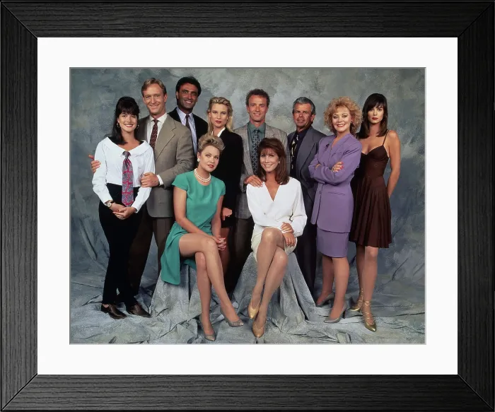 Framed Print : KNOTS LANDING, from left: Stacy Galina, Ted Shackelford, Lorenzo Caccialanza, Nicollette Sheridan, Kevin Dobson, William Devane, Kathleen Noone Framed Print : KNOTS LANDING, from left: Stacy Galina, Ted Shackelford, Lorenzo Caccialanza, Nicollette Sheridan, Kevin Dobson, William Devane, Kathleen Noone