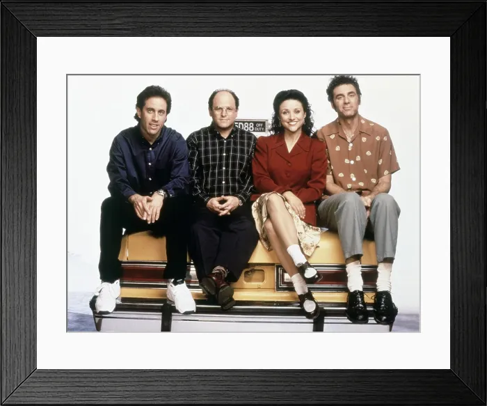 Framed Print : SEINFELD, from left: Jerry Seinfeld, Jason Alexander, Julia Louis-Dreyfus, Michael Richards celebrating 100th episode, Season 6, 1995), 1990-1998