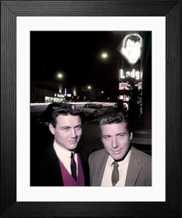 Framed Print : 77 SUNSET STRIP, from left, Roger Smith, Efrem Zimbalist, Jr. in front of Dino's Lodge, 8524 Sunset Boulevard, 1958
