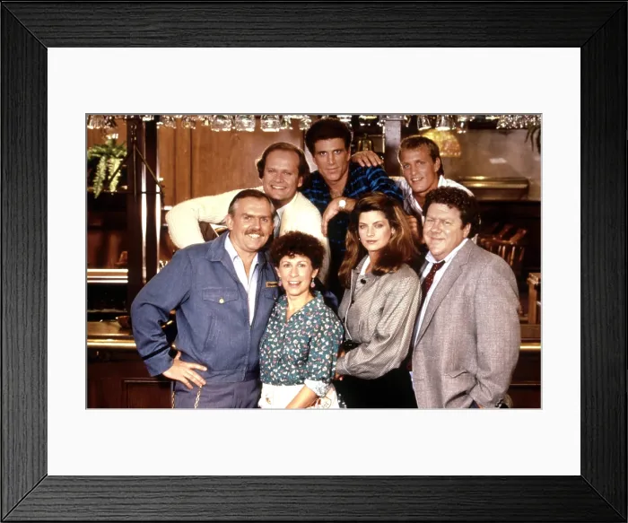 Framed Print : CHEERS, clockwise from left, John Ratzenberger, Kelsey Grammer, Ted Danson, Woody Harrelson, George Wendt, Kirstie Alley, Rhea Perlman, 1982-93 (1987 photo)