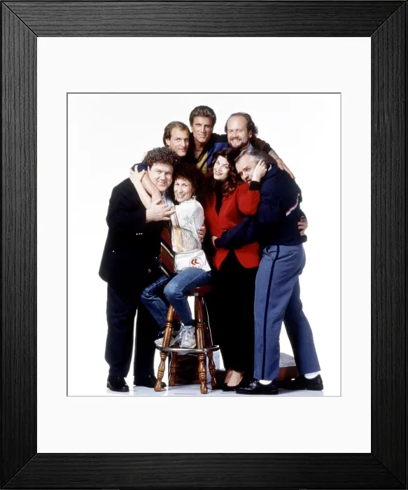 Framed Print : CHEERS, clockwise from top, Ted Danson, Kelsey Grammer, John Ratzenberger, Kirstie Alley, Rhea Perlman, George Wendt, Woody Harrelson, 1982-93 (ca. early 1990s photo) Framed Print : CHEERS, clockwise from top, Ted Danson, Kelsey Grammer, John Ratzenberger, Kirstie Alley, Rhea Perlman, George Wendt, Woody Harrelson, 1982-93 (ca. early 1990s photo)