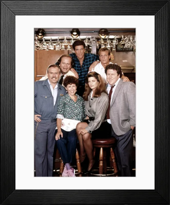 Framed Print : CHEERS, clockwise from top, Ted Danson, Woody Harrelson, George Wendt, Kirstie Alley, Rhea Perlman, John Ratzenberger, Kelsey Grammer, 1982-93 (1987 photo) Framed Print : CHEERS, clockwise from top, Ted Danson, Woody Harrelson, George Wendt, Kirstie Alley, Rhea Perlman, John Ratzenberger, Kelsey Grammer, 1982-93 (1987 photo)