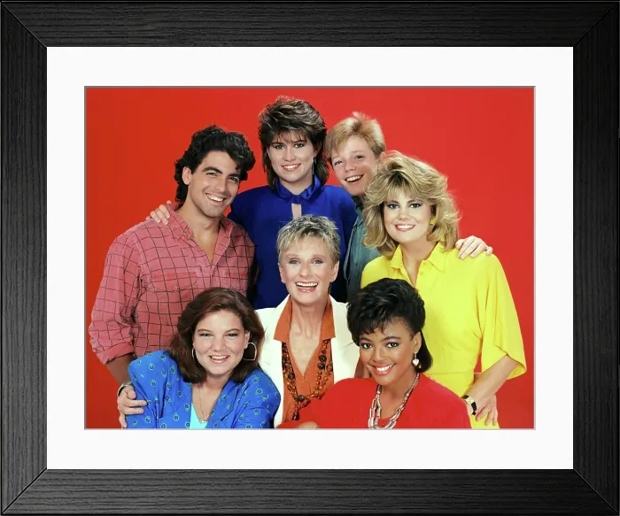 Framed Print : THE FACTS OF LIFE, (clockwise from top left): George Clooney, Nancy McKeon, Mackenzie Astin, Lisa Whelchel, Kim Fields, Cloris Leachman, Mindy Cohn, (Season 8), 1979-1988