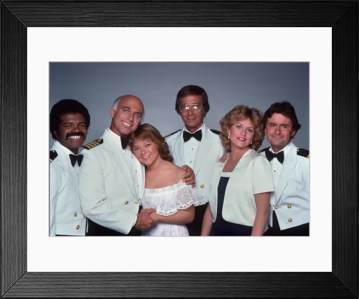 Framed Print : THE LOVE BOAT, from left: Ted Lange, Gavin MacLeod, Jill Whelan, Bernie Kopell, Lauren Tewes, Fred Grandy, 1977-1986