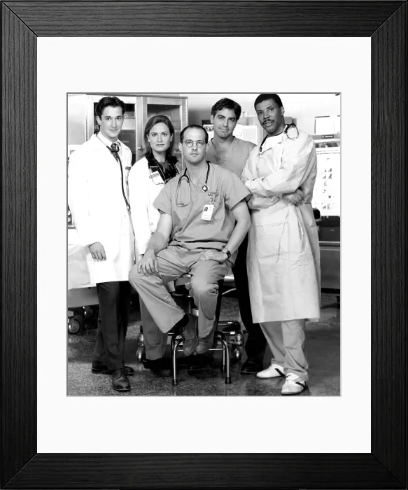 Framed Print : ER, (aka E.R.), from left, Noah Wylie, Sherry Stringfield, Anthony Edwards, George Clooney, Eriq La Salle, (late 1990s), 1994-2009