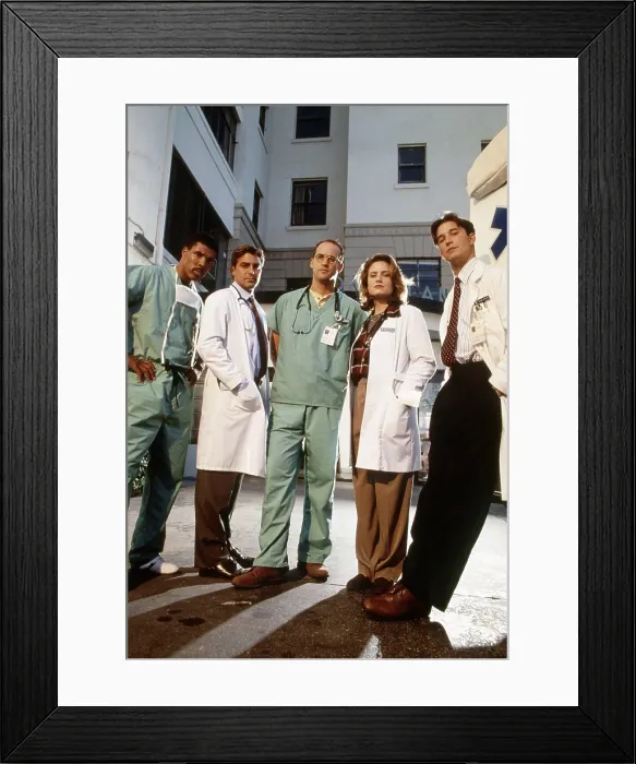 Framed Print : ER, (aka E.R.), from left, Eriq La Salle, George Clooney, Anthony Edwards, Sherry Stringfield, Noah Wylie, 1994-2009 (ca. 1997 photo) Framed Print : ER, (aka E.R.), from left, Eriq La Salle, George Clooney, Anthony Edwards, Sherry Stringfield, Noah Wylie, 1994-2009 (ca. 1997 photo)