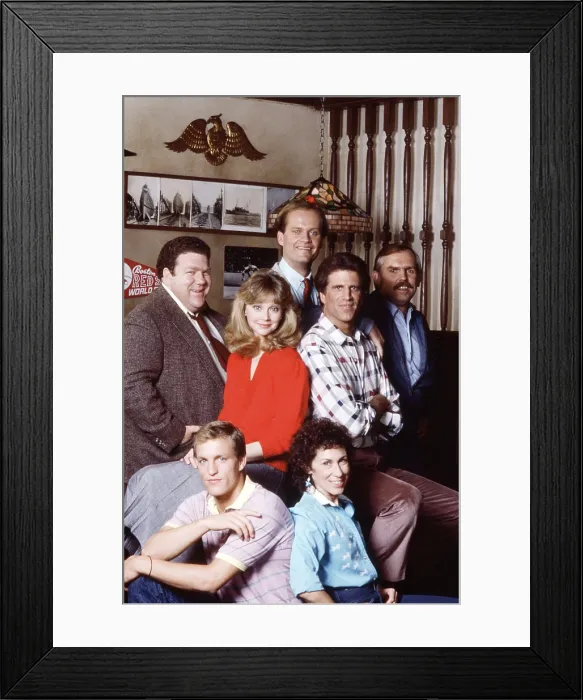 Framed Print : CHEERS, clockwise from top, Kelsey Grammer, Ted Danson, John Ratzenberger, Rhea Perlman, Woody Harrelson, George Wendt, Shelley Long, 1982-93 (ca. 1987 photo)