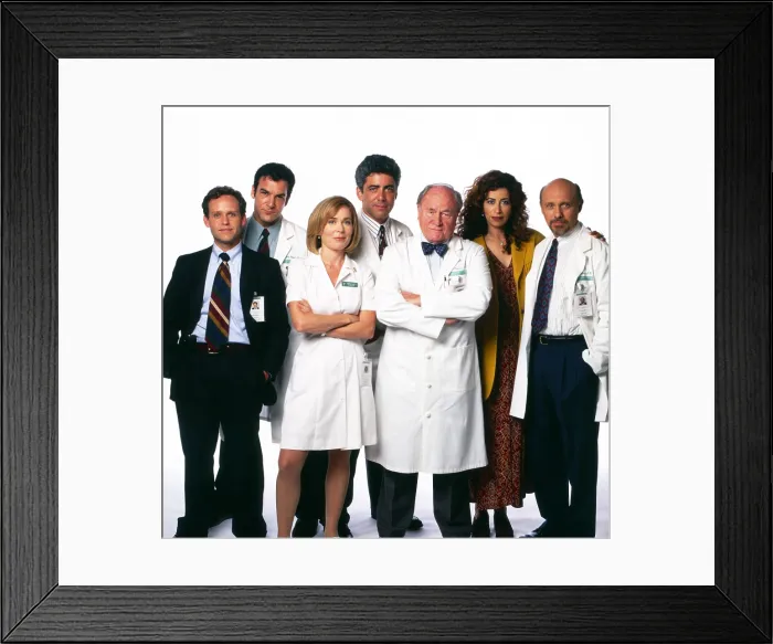 Framed Print : CHICAGO HOPE, from left: Peter MacNicol, Mandy Patinkin, Roxanne Hart, Adam Arkin, E.G. Marshall, Roma Maffia, Hector Elizondo, 1994-2000