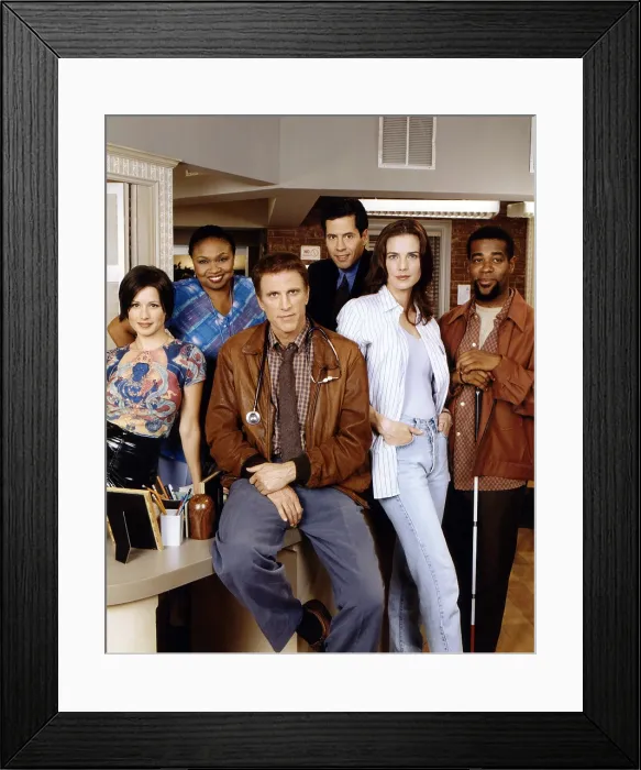 Framed Print : BECKER, from left: Shawnee Smith, Hattie Winston, Ted Danson, Peter Birkenhead, Terry Farrell, Alex Desert, 1998-2004