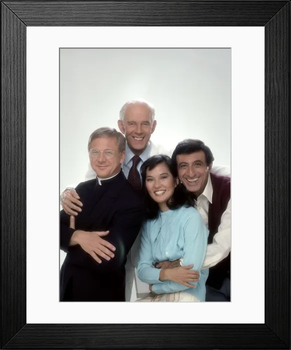 Framed Print : AFTER MASH, from left: William Christopher, Harry Morgan, Jamie Farr, Rosalind Chao, (1983), 1983-1985