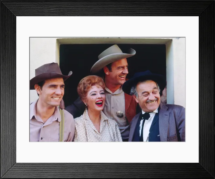 Framed Print : GUNSMOKE, from left: Dennis Weaver, Amanda Blake, James Arness, Milburn Stone, (Season 7, 1961), 1955-1975 Framed Print : GUNSMOKE, from left: Dennis Weaver, Amanda Blake, James Arness, Milburn Stone, (Season 7, 1961), 1955-1975