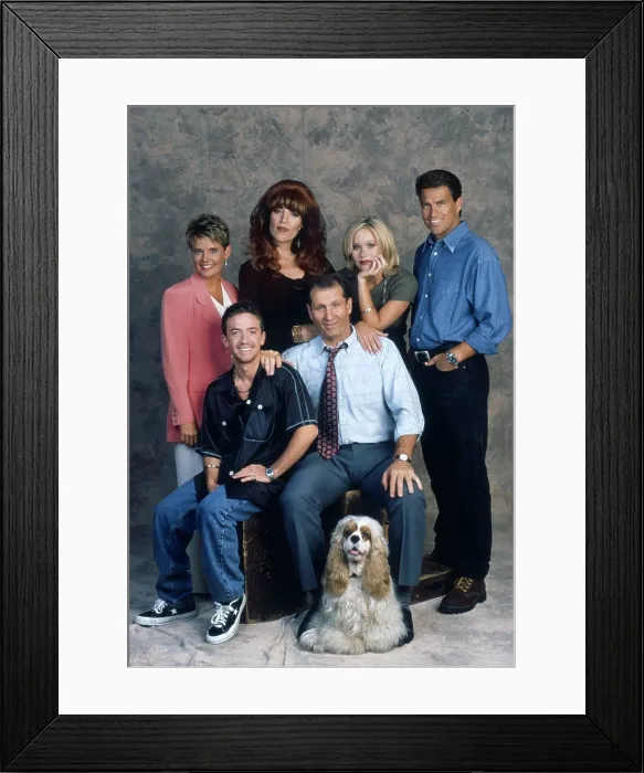 Framed Print : MARRIED...WITH CHILDREN, (aka MARRIED WITH CHILDREN), clockwise from bottom left: Lucky (the Dog), David Faustino, Amanda Bearse, Katey Sagal, Christina Applegate, Ted McGinley
