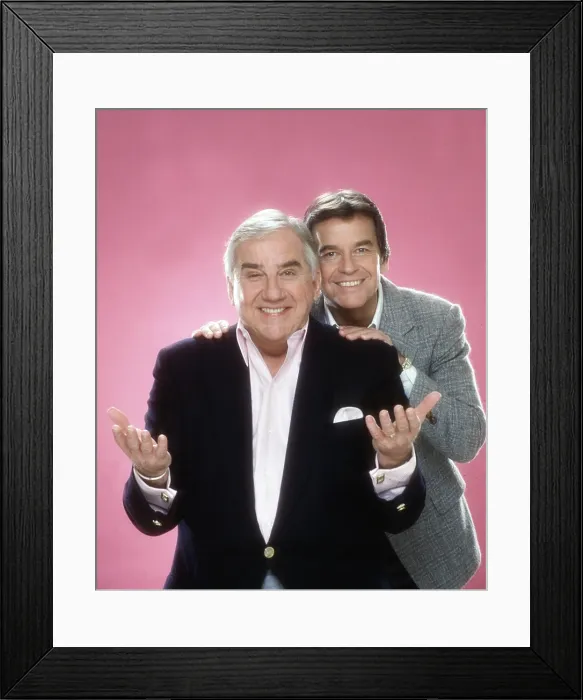 Framed Print : TV BLOOPERS AND PRACTICAL JOKES, (aka SUPER BLOOPERS AND PRACTICAL JOKES), from left, hosts Ed McMahon, Dick Clark, 1984-92 (1984 photo)