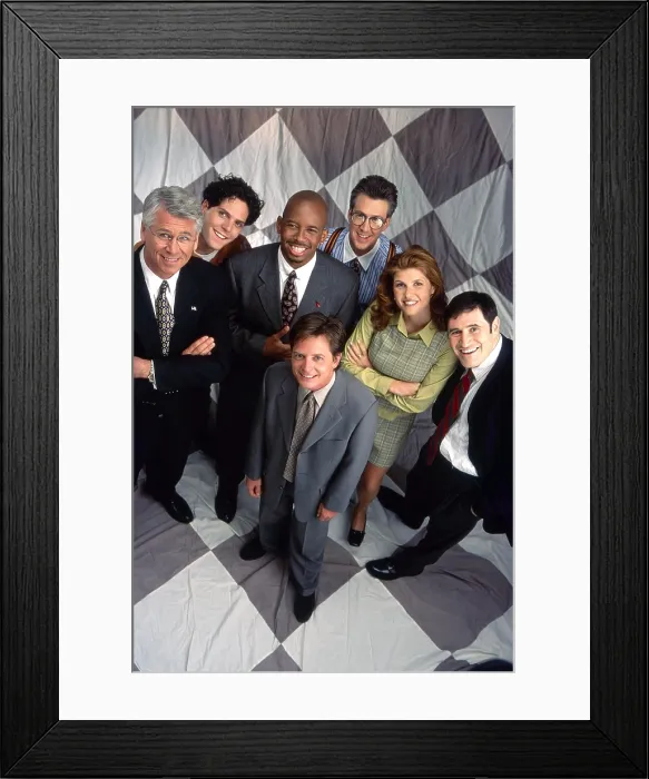 Framed Print : SPIN CITY, from left: Barry Bostwick, Alexander Chaplin, Michael Boatman, Michael J. Fox (front), Alan Ruck (back), Connie Britton, Richard Kind, (1996), 1996-2002 Framed Print : SPIN CITY, from left: Barry Bostwick, Alexander Chaplin, Michael Boatman, Michael J. Fox (front), Alan Ruck (back), Connie Britton, Richard Kind, (1996), 1996-2002