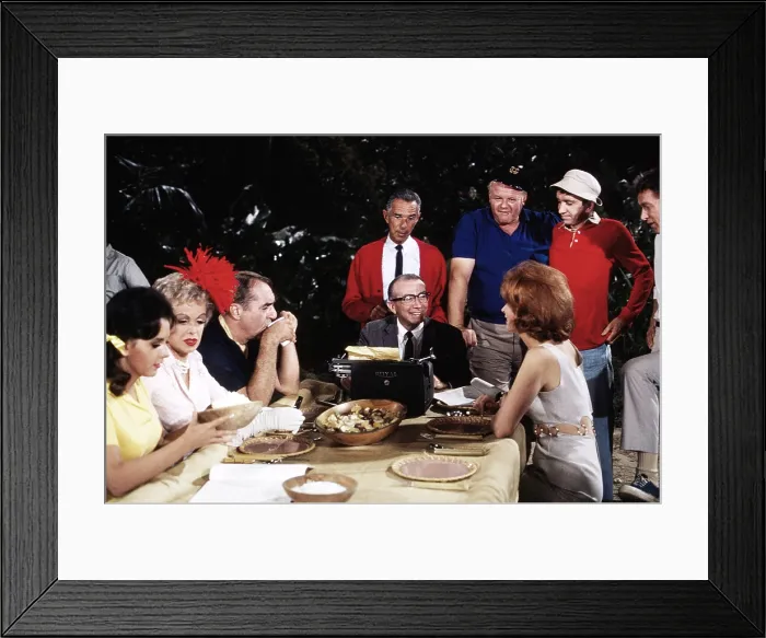 Framed Print : GILLIGAN'S ISLAND, from left, Dawn Wells, Natalie Schafer, Jim Backus, writer and producer Sherwood Schwartz, (at typewriter), Alan Hale, Jr. Tina Louise