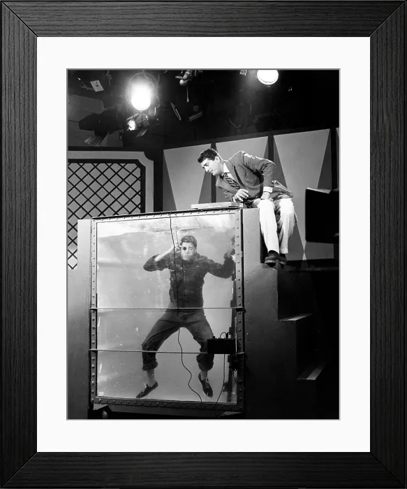 Framed Print : THE COLGATE COMEDY HOUR, from left: Jerry Lewis, Dean Martin, in The $64 Million Dollar Question sketch, a parody of the hit TV show THE $64, 000 QUESTION, (Season 6, episode 1)