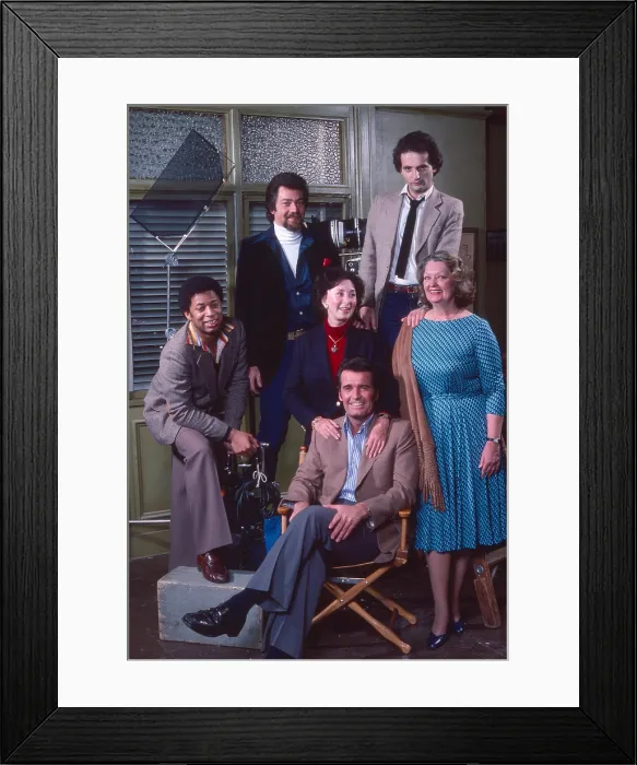 Framed Print : THE ROCKFORD FILES, clockwise from front center: James Garner, Roger E. Mosley, Stephen J. Cannell, Meta Rosenberg, (Jan 1979), 1974-80 Framed Print : THE ROCKFORD FILES, clockwise from front center: James Garner, Roger E. Mosley, Stephen J. Cannell, Meta Rosenberg, (Jan 1979), 1974-80