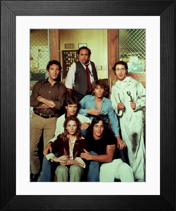 Framed Print : TAXI, (seated) M. Henner, D. Danzz, R. Carver, J. Conaway, (standing) J. Hirsch, D. Devito, A. Kaufman, 1978-83