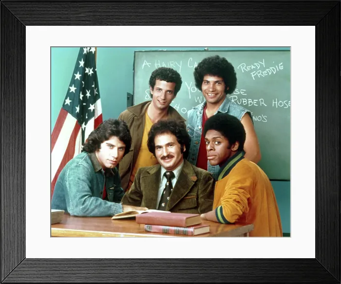 Framed Print : WELCOME BACK, KOTTER, standing from left: Ron Palillo, Robert Hegyes, front from left: John Travolta, Gabe Kaplan, Lawrence Hilton-Jacobs, 1975-79 Framed Print : WELCOME BACK, KOTTER, standing from left: Ron Palillo, Robert Hegyes, front from left: John Travolta, Gabe Kaplan, Lawrence Hilton-Jacobs, 1975-79
