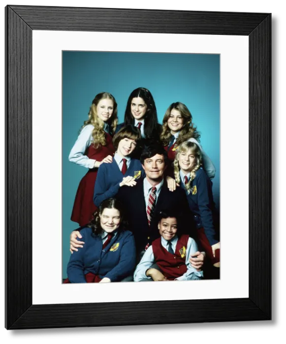 Framed Print : THE FACTS OF LIFE, rear l-r: Julie Piekarski, Felice Schachter, Lisa Whelchel, center l-r: Molly Ringwald, John Lawlor, Julie Anne Haddock, bottom l-r: Mindy Cohn, Kim Fields