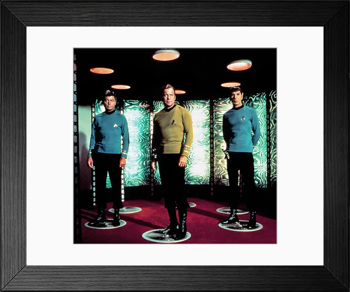 Framed Print : STAR TREK, DeForest Kelley, William Shatner, Leonard Nimoy standing on the transporter pad, 1966-1969 Framed Print : STAR TREK, DeForest Kelley, William Shatner, Leonard Nimoy standing on the transporter pad, 1966-1969