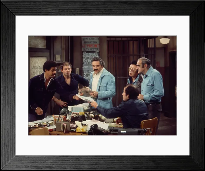 Framed Print : BARNEY MILLER, from left: Ron Glass, Max Gail, Hal Linden, Jack Soo, Abe Vigoda, Gregory Sierra, 1975-82 Framed Print : BARNEY MILLER, from left: Ron Glass, Max Gail, Hal Linden, Jack Soo, Abe Vigoda, Gregory Sierra, 1975-82